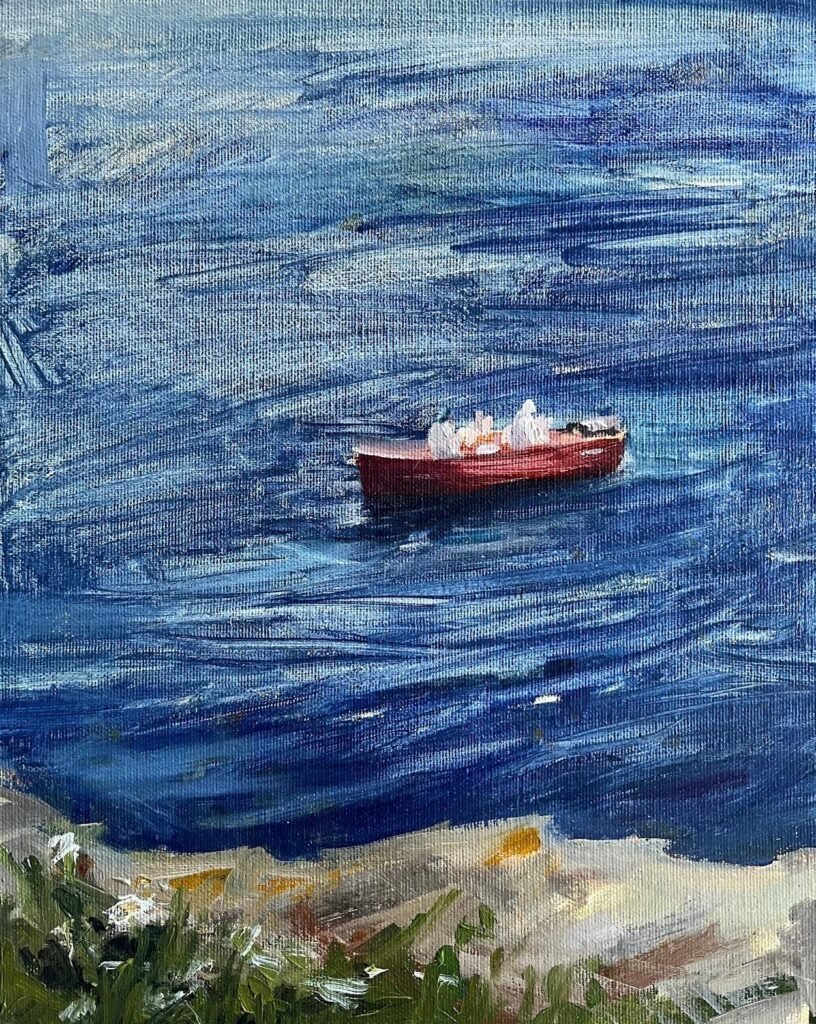 Cuadro "Bote Rojo" de la artista María Elisa Rivera Armada para la exposición "La Marina" de Ribadeo, España