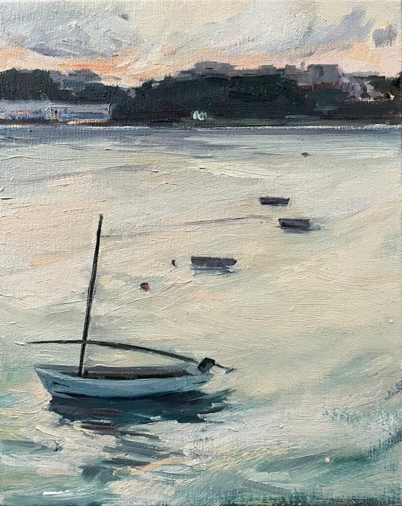 Cuadro "Puesta de sol" de la artista María Elisa Rivera Armada para la exposición "La Marina" de Ribadeo, España